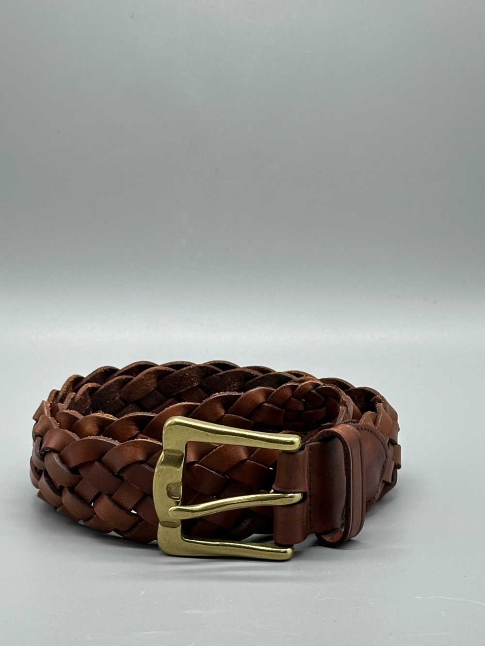 Eddie Bauer Mens Brown Leather Brass Buckle Braided Belt M Classic Preppy